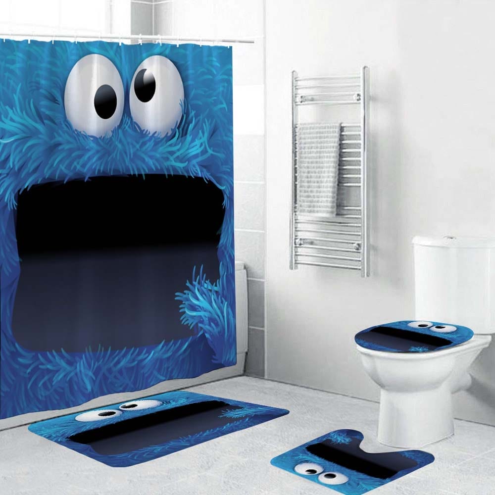 Cartoon Blue Plush Muppet Cookie Monster Shower Curtain