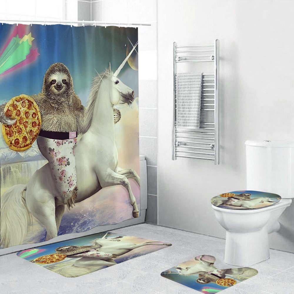 Fantasy Knight Pizza Sloth Riding Unicorn Shower Curtain