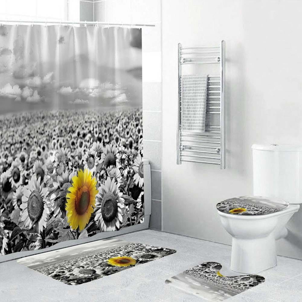 Black and White Sunflower Shower Curtain, Mono Summer Flower Bathroom Decor
