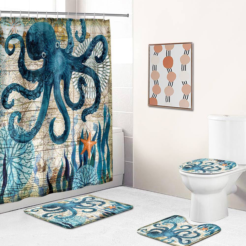 Nautical Backgroup Starfish Blue Octopus Shower Curtain | Starfish Octopus Bathroom Curtain