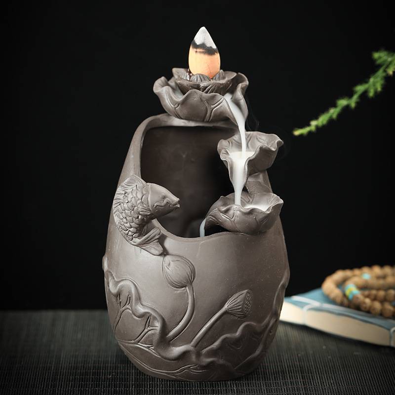 Lotus Waterfall Koi Fish Incense Burner, Ceramic Backflow Zen