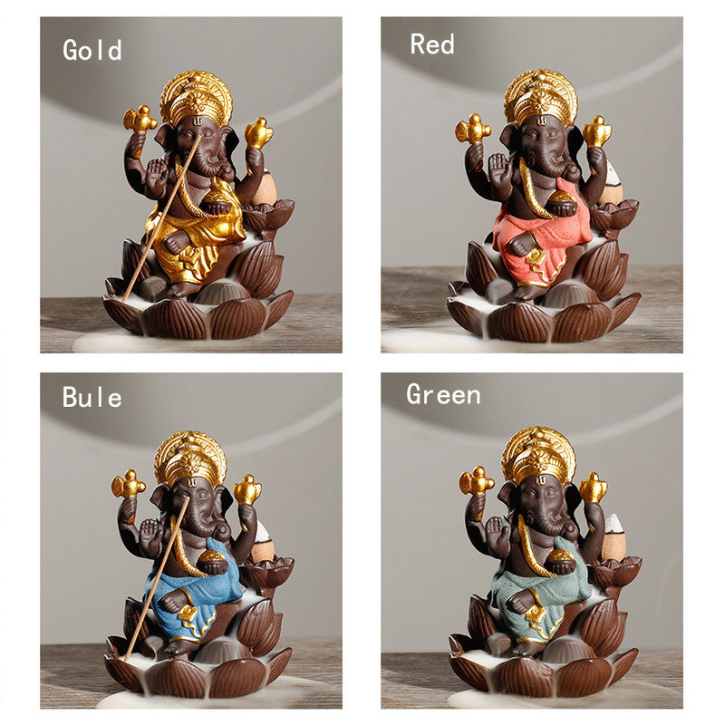 Ganesha Lotus Base Backflow Incense Burner with Incense Stick Holder