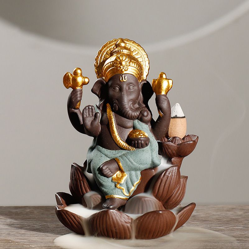 Ganesha Lotus Base Backflow Incense Burner with Incense Stick Holder