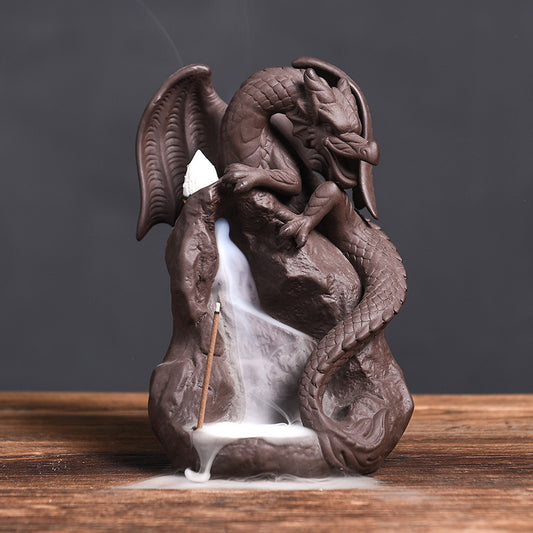 Winged Dragon Climbed on The Rock Backflow Incense Burner with Incense Stick Hole