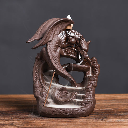 Winged Dragon Climbed on The Arch Backflow Incense Burner with Incense Stick Hole