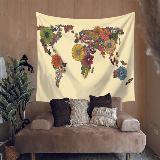 Colorful Chrysanthemum Floral World Map Tapestry | Colorful Chrysanthemum World Map Tapestry