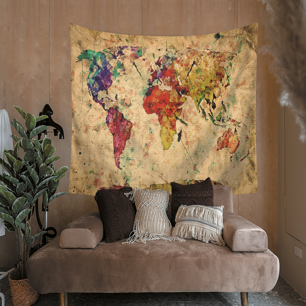 Vintage Yellowing Backgroup Colorful Watercolor World Map Tapestry | Vintage Watercolor World Map Tapestry