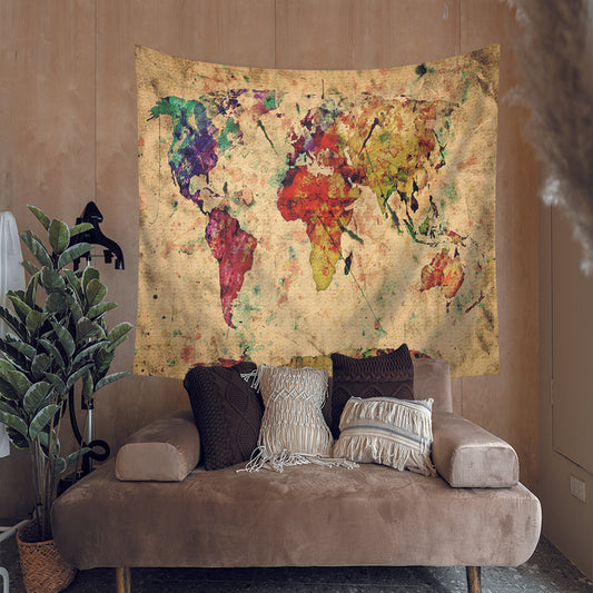 Vintage Yellowing Backgroup Colorful Watercolor World Map Tapestry | Vintage Watercolor World Map Tapestry