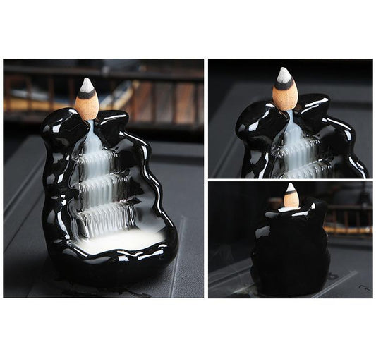 Balck Porcelain Mountain Tower Smoke Waterfall Backflow Incense Burner