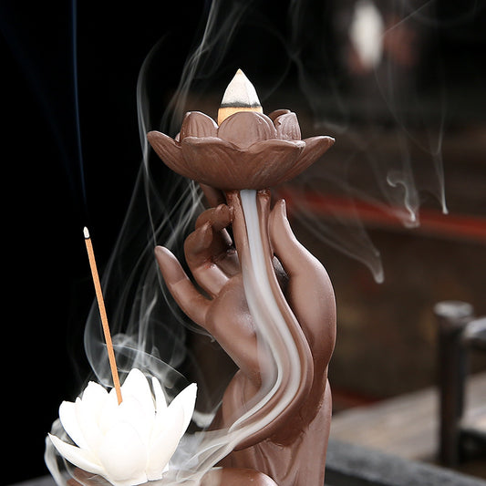 Buddha Hand Lotus Backflow Incense Burner with Lotus Shape Incense Stick Holder