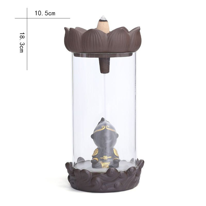 Monkey King Backflow Incense Burner Lotus Stand with Acrylic Hood