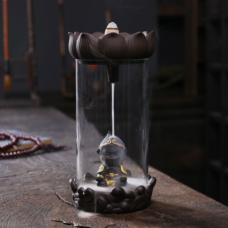 Monkey King Backflow Incense Burner Lotus Stand with Acrylic Hood