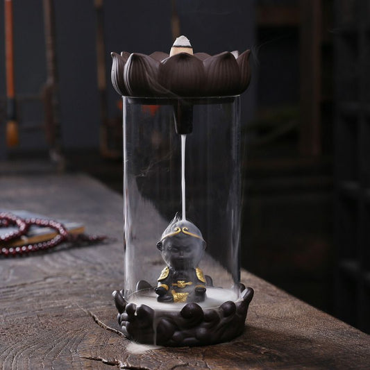 Monkey King Backflow Incense Burner Lotus Stand with Acrylic Hood