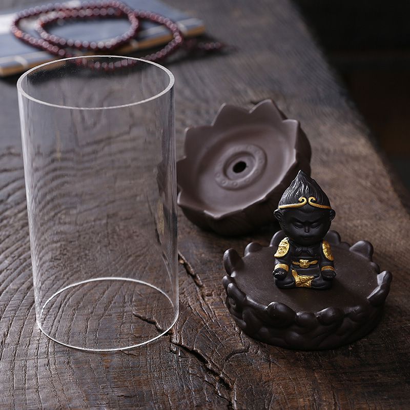 Monkey King Backflow Incense Burner Lotus Stand with Acrylic Hood