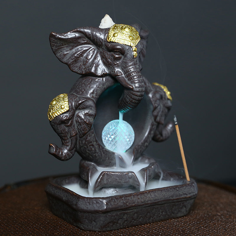 Triple Elephant Head Ganesha Backflow Incense Burner with LED Ball Light