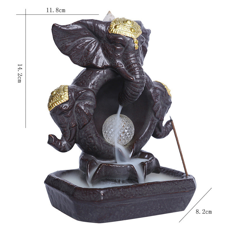 Triple Elephant Head Ganesha Backflow Incense Burner with LED Ball Light