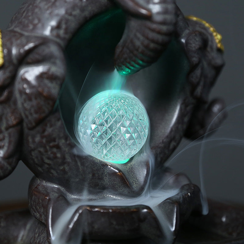 Triple Elephant Head Ganesha Backflow Incense Burner with LED Ball Light