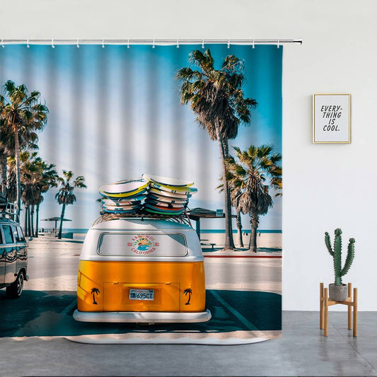 Summer Hawaii Travel Vacation Surfboard Bus Shower Curtain | Surfboard Travel Bathroom Curtain