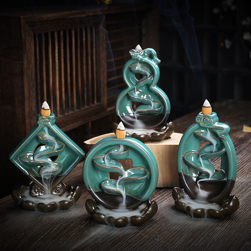 Ceramic Gradient Green Waterfall Smoke Incense Burner with Lotus Base