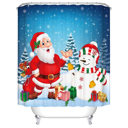 Festive Santa with Snowman Cartoon Christmas Shower Curtain