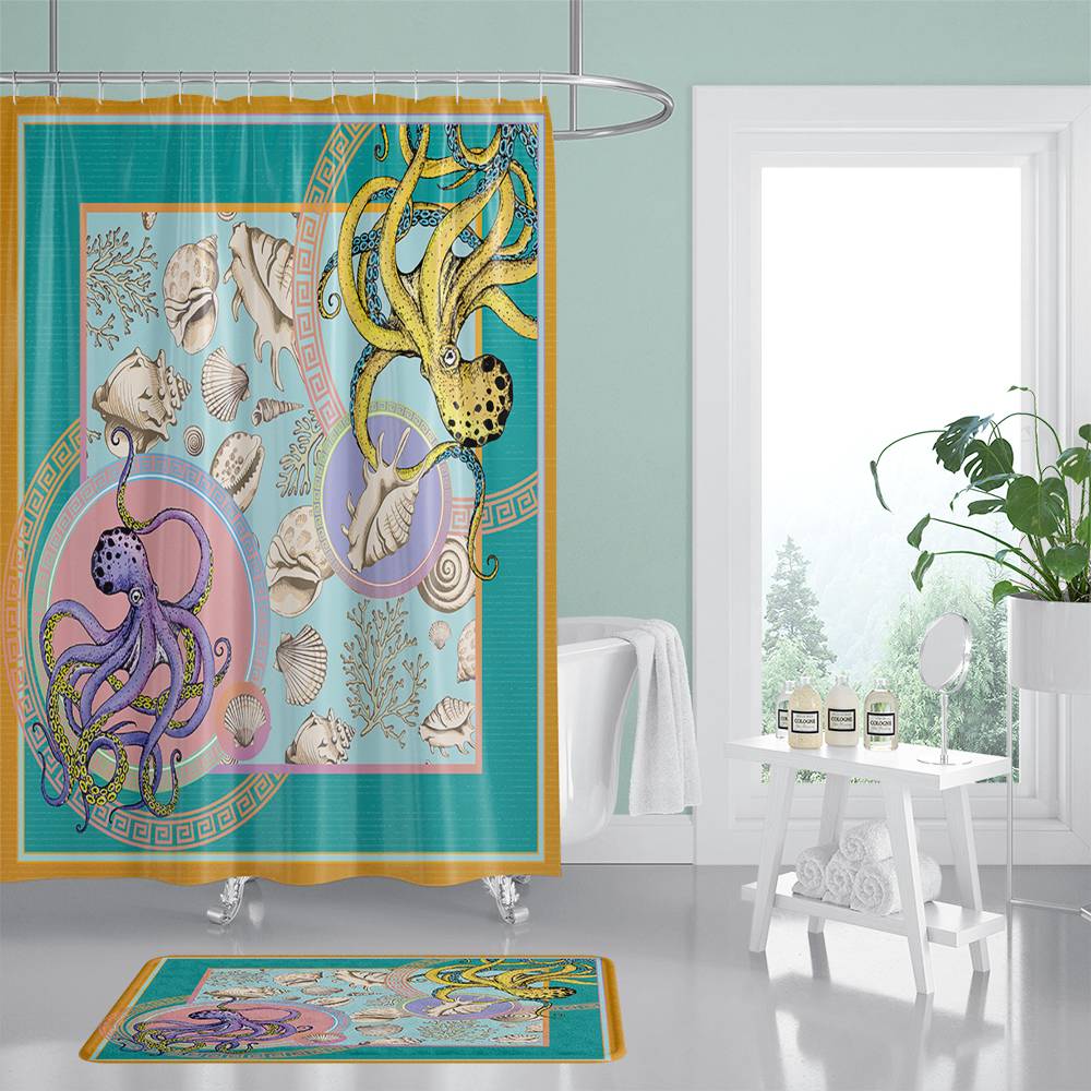 Ocean Creature Conch and Tow Octopuese Shower Curtain | Conch Octopus Shower Curtain
