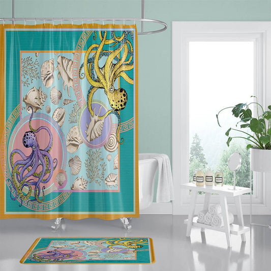 Ocean Creature Conch and Tow Octopuese Shower Curtain | Conch Octopus Shower Curtain