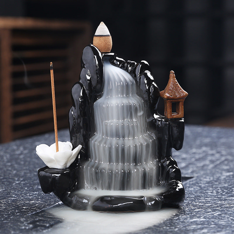 Black Porcelain Mountain Tower Smoke Waterfall Backflow Incense Burner