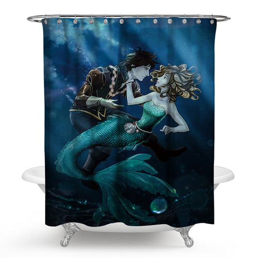 Cartoon Prince and Mermaid Princess Shower Curtain | Prince and Mermaid Princess Bathroom Curtain