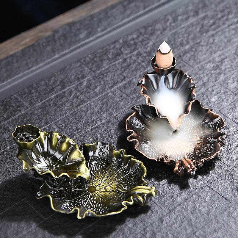 Double Floor Lotus Leaves Metal Backflow Incense Burner