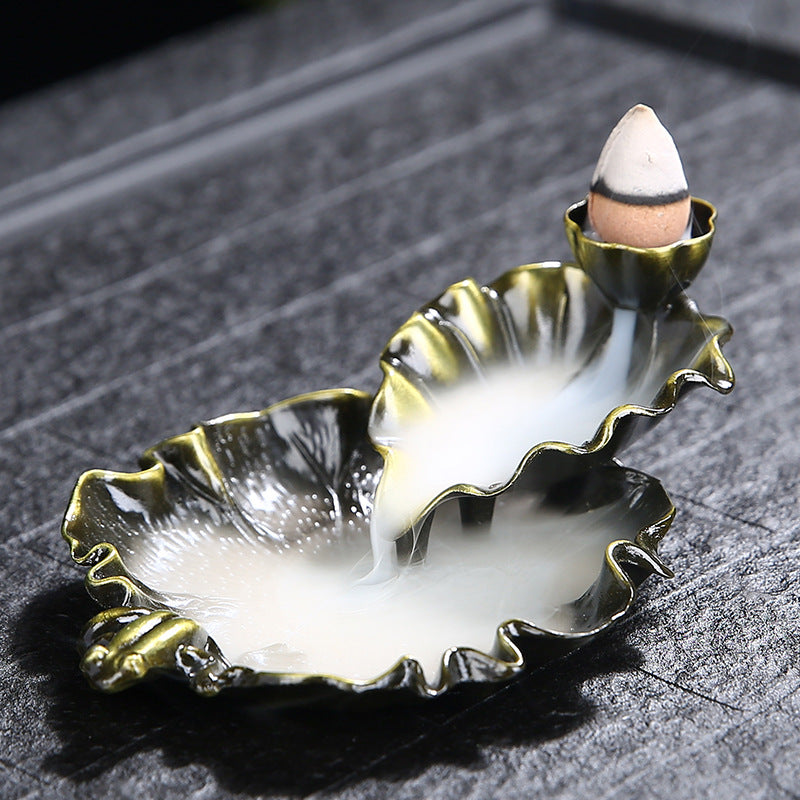 Double Floor Lotus Leaves Metal Backflow Incense Burner