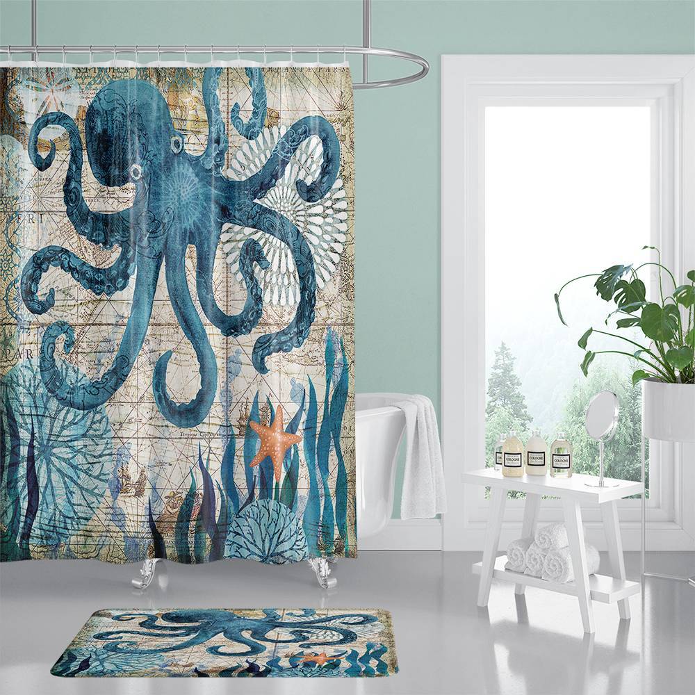 Nautical Backgroup Starfish Blue Octopus Shower Curtain | Starfish Octopus Bathroom Curtain