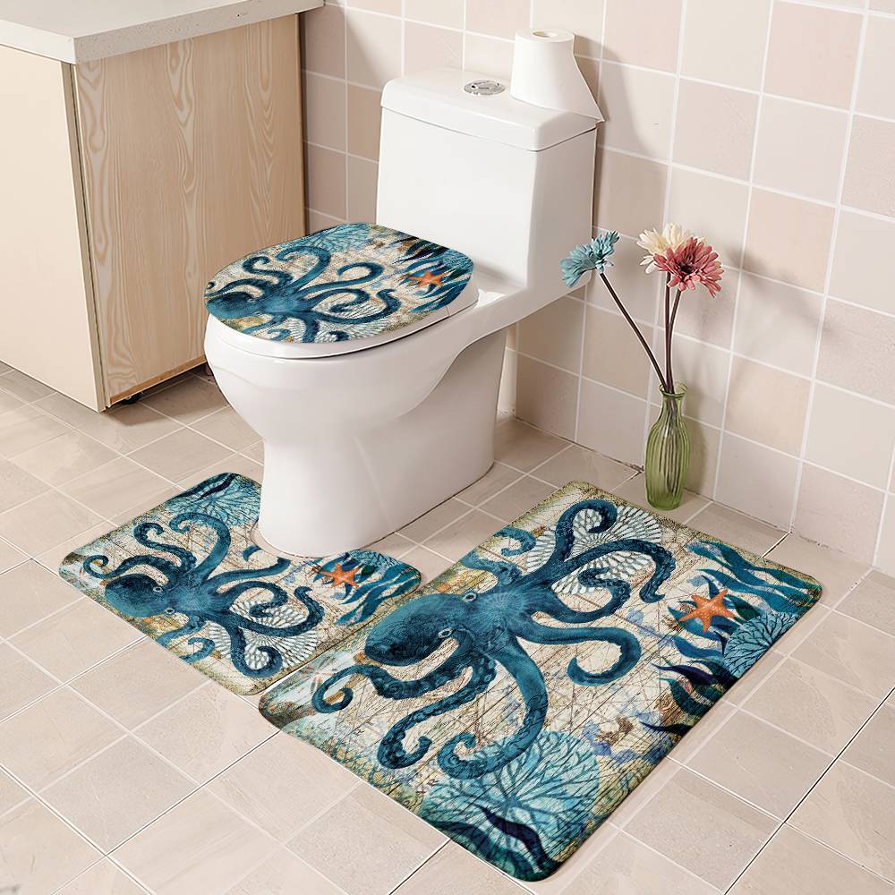 Nautical Backgroup Starfish Blue Octopus Shower Curtain | Starfish Octopus Bathroom Curtain
