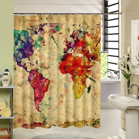 Retro Freehand Watercolor World Map Shower Curtain