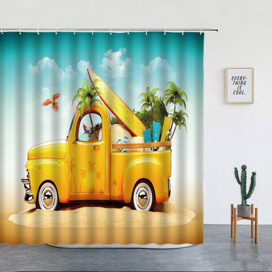 Yellow Pickup Travel Shower Curtain | Travel Bathroom Curtain
