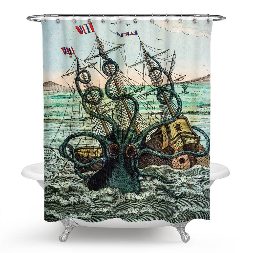 Giant Octopus Kraken Attacking Ship Shower Curtain | Giant Octopus Attacking Ship Shower Curtain
