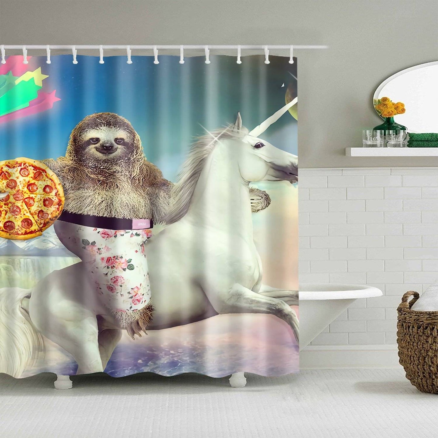 Fantasy Knight Pizza Sloth Riding Unicorn Shower Curtain