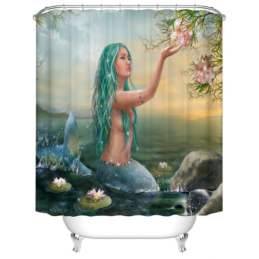 Lotus Green Glitter Haired Mermaid Shower Curtain