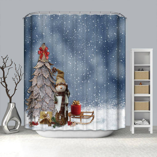 Wood Chip Christmas Tree Swirling Snow Smile Snowman Shower Curtain