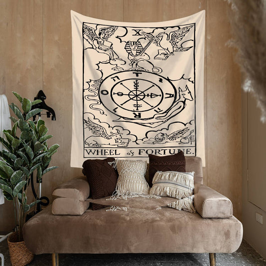 Angel Sphinx Wheel of Fortune Tapestry for Bedroom Living Room | Wheel of Fortune Tarot Tapestry