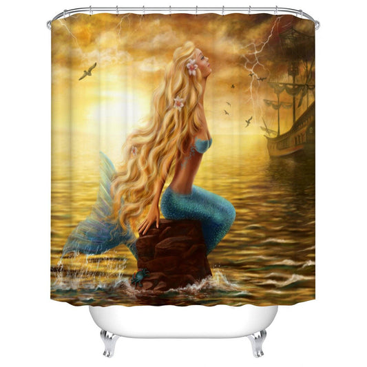 Tale Sea Sunset Golden Hair Mermaid Shower Curtain