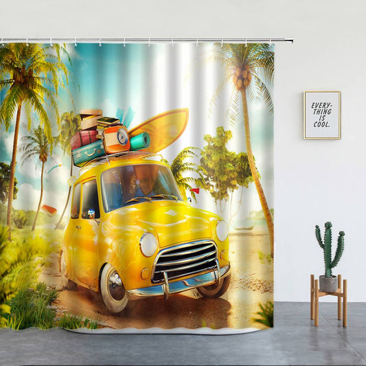 Summer Vacation Coconut Trees Yellow Travel Car shower Curtain | Travel Bathroom Curtain