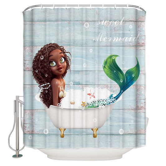 White Barn Door Bathing Cartoon Tale Sweet Afro Mermaid Shower Curtain