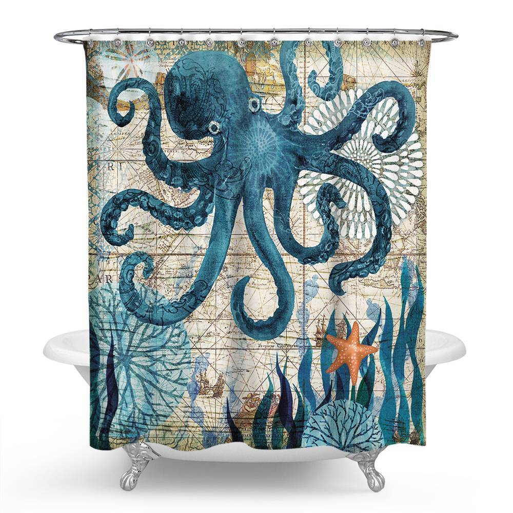 Nautical Backgroup Starfish Blue Octopus Shower Curtain | Starfish Octopus Bathroom Curtain