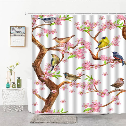 Bird Flowers Safflower Magpie Shower Curtain | Safflower Magpie Bathroom Curtain
