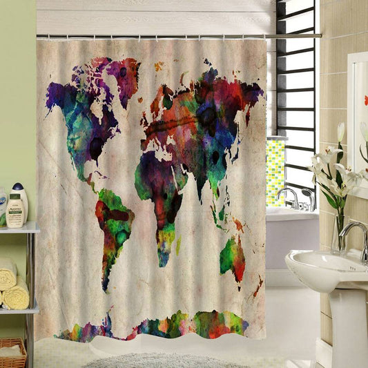 Retro Artistic Watercolor Infiltration World Map Shower Curtain