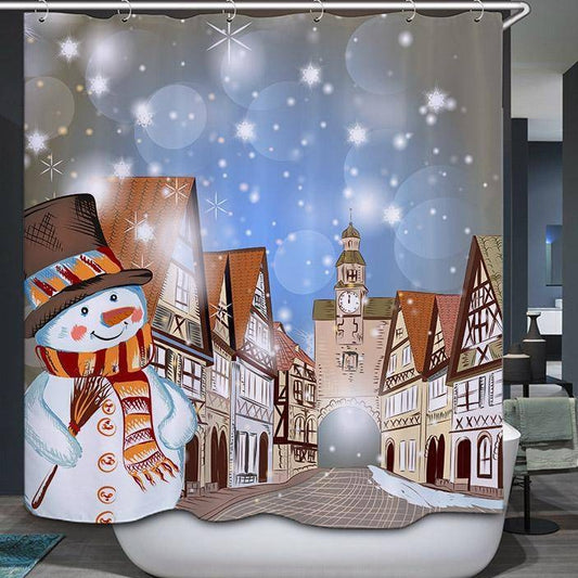 Christmas Winter Snowy Town Snowman Shower Curtain