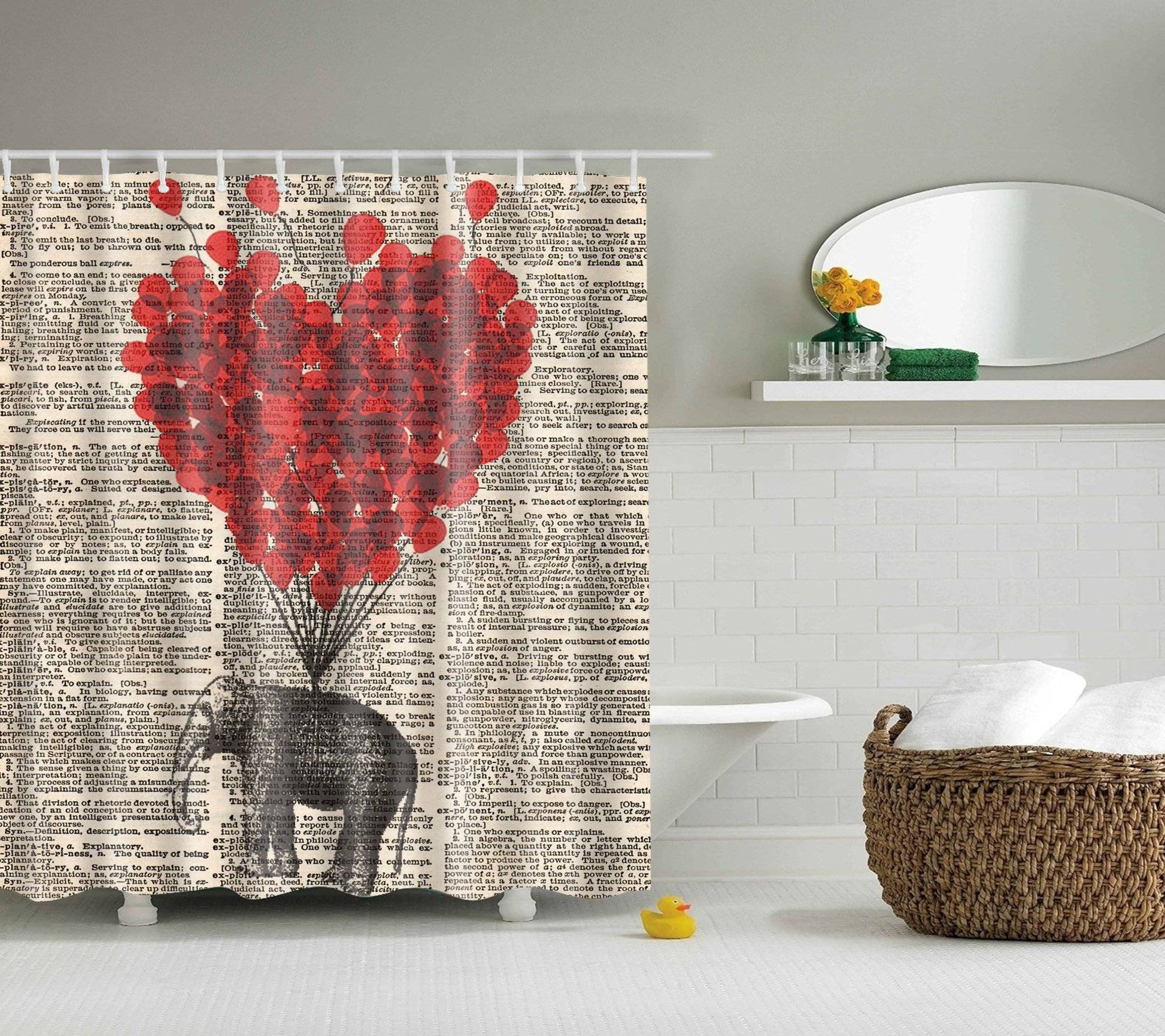 Retro Newspaper Romantic Heart Balloon Elephant Shower Curtain