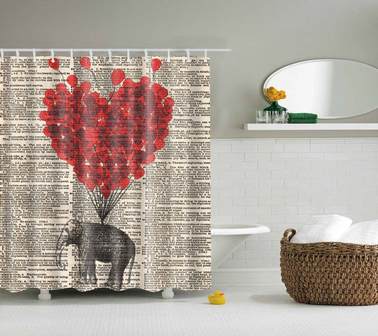 Retro Newspaper Romantic Heart Balloon Elephant Shower Curtain