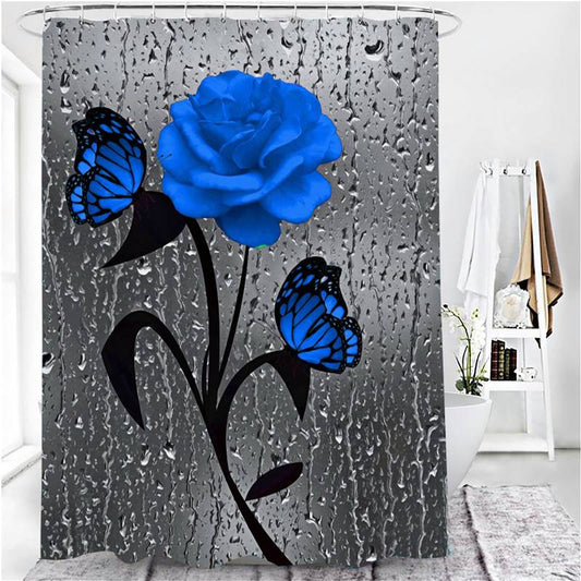 Water Drops Window Butterfly Colors Rose Shower Curtain | Butterfly Rose Bathroom Curtain