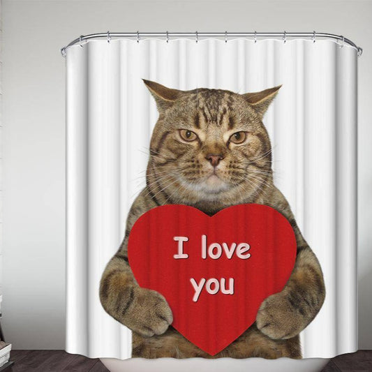 Kitten Holding Red Heart with Love Valentine Cat Shower Curtain